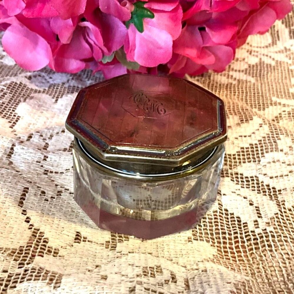 Vintage Art Deco Sterling Silver Top glass vanity jar monogram CRM - Picture 2 of 5